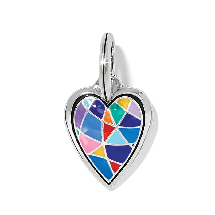 Brighton heart charm with multicolor enamel mosaic design and silver-plated frame on a white background
