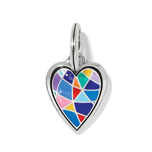 Brighton heart charm with multicolor enamel mosaic design and silver-plated frame on a white background