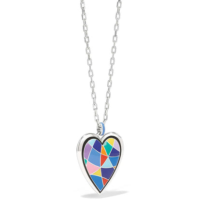 Brighton heart pendant necklace with multicolor enamel mosaic design and silver-plated chain on a white background