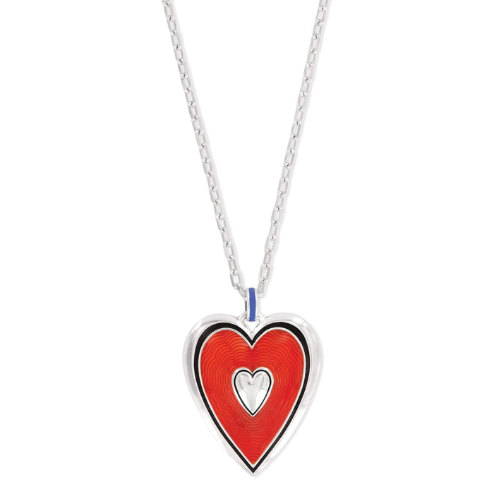 Brighton heart pendant necklace with red enamel, silver-plated cutout heart center, and chain link on a white background