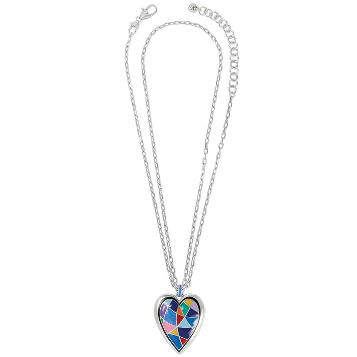Brighton pendant necklace with multicolor enamel mosaic heart and silver-plated double chain on a white background