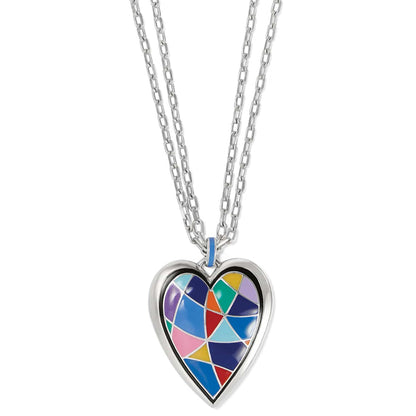 Brighton heart pendant necklace with multicolor enamel mosaic design and silver-plated double chain on a white background