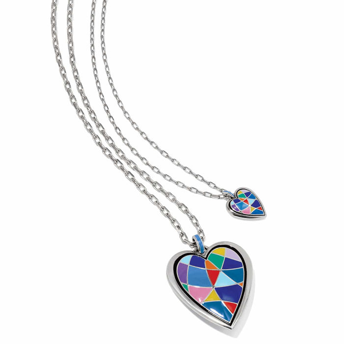 Brighton double-strand heart pendant necklace with silver-plated chains and colorful enamel mosaic hearts on a white background