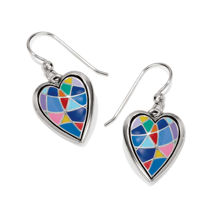 Brighton heart drop earrings with multicolor enamel mosaic design and silver-plated finish on a white background
