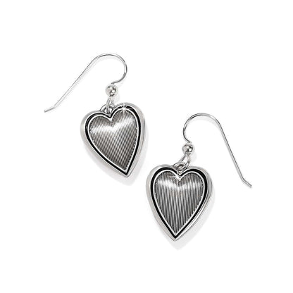 Brighton drop earrings with silver-plated heart charms featuring ridged textured centers and polished borders on a white background