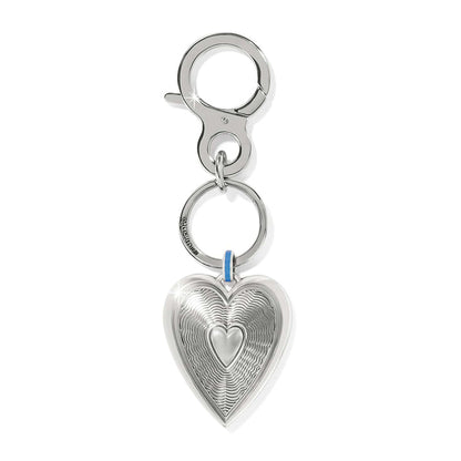 Brighton heart key fob with silver-plated finish, layered heart pendant, blue enamel accent, and clasp on a white background