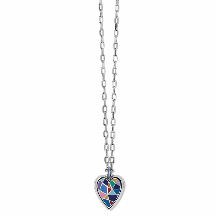 Brighton heart pendant necklace with multicolor enamel mosaic design and silver-plated chain on a white background