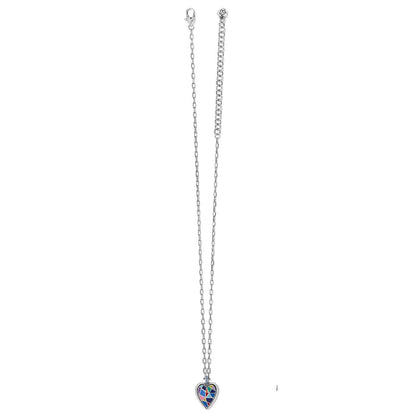 Brighton silver-plated chain necklace with colorful enamel mosaic heart pendant and lobster clasp on a white background