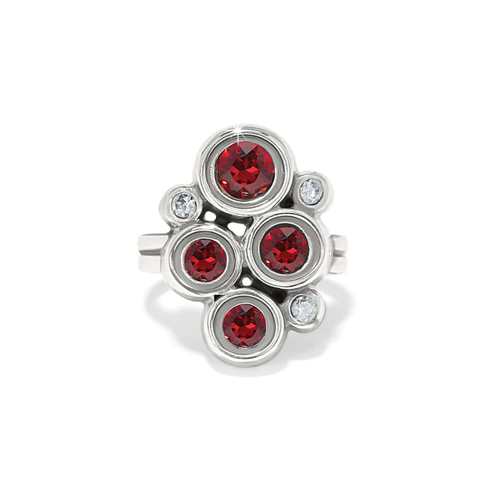 Brighton ring with red crystal cluster and clear crystal accents in silver-plated bezel settings on a white background