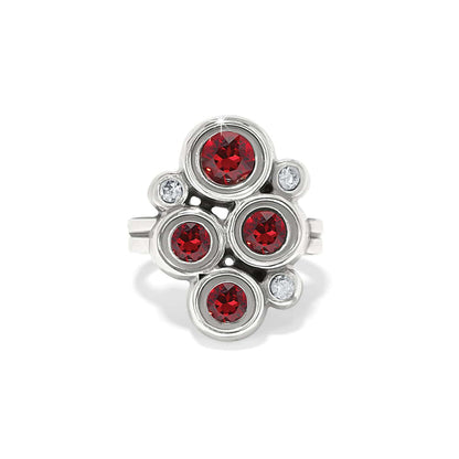 Brighton ring with red crystal cluster and clear crystal accents in silver-plated bezel settings on a white background