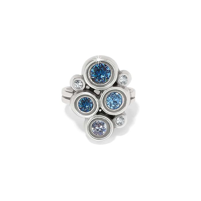 Brighton ring with silver-plated bezels and clustered blue and clear crystals in varied sizes on a white background