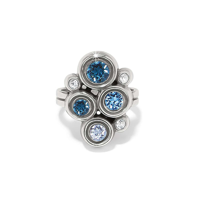Brighton silver-plated ring with clustered blue and clear fine quality crystals in bezel settings on a white background