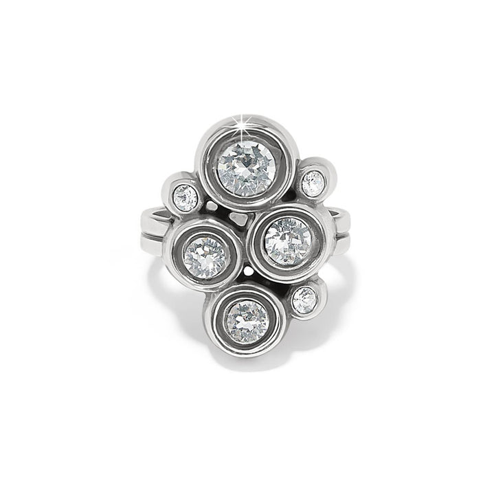 Brighton silver-plated ring with cluster of round crystals in varying sizes on a white background