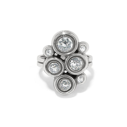 Brighton silver-plated ring with cluster of round crystals in varying sizes on a white background