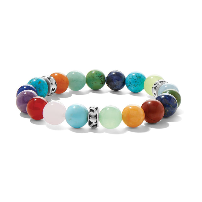 Brighton beaded stretch bracelet with multicolored gemstones including amethyst, carnelian, turquoise, and jade with silver-plated accents on a white background