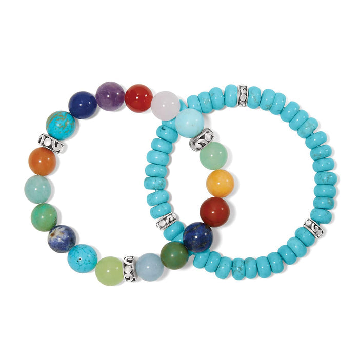 Brighton beaded stretch bracelets with turquoise, amethyst, carnelian, jade, and silver-plated accents on a white background