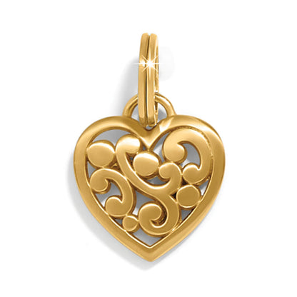 Brighton heart charm with gold-plated finish, openwork scroll design, and split ring on a white background