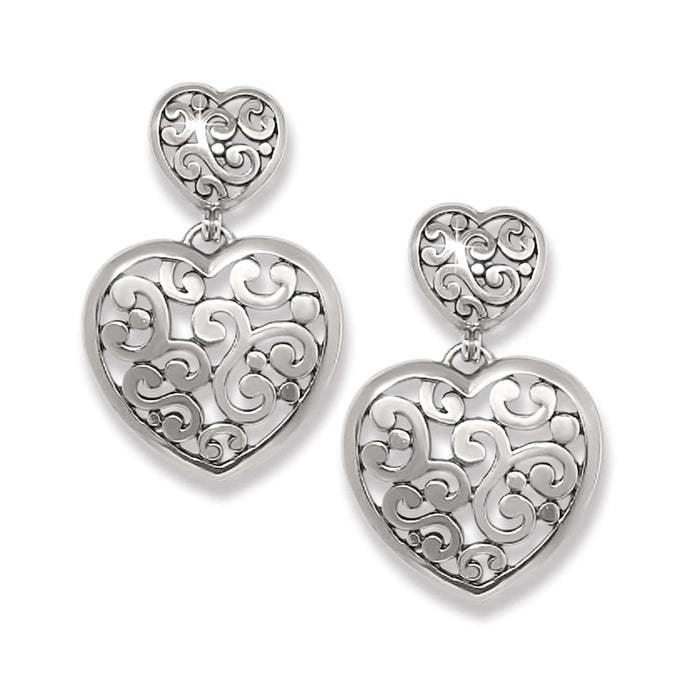 Brighton heart drop earrings with silver-tone filigree scrollwork in double-heart design on a white background