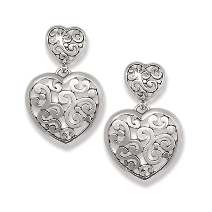 Brighton heart drop earrings with silver-tone filigree scrollwork in double-heart design on a white background