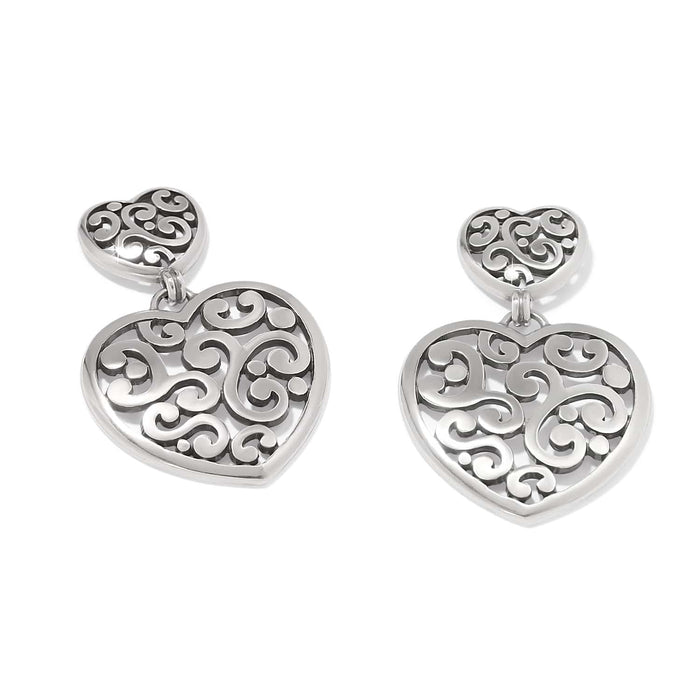 Brighton drop earrings with double heart design featuring silver-tone scrollwork filigree pattern on a white background