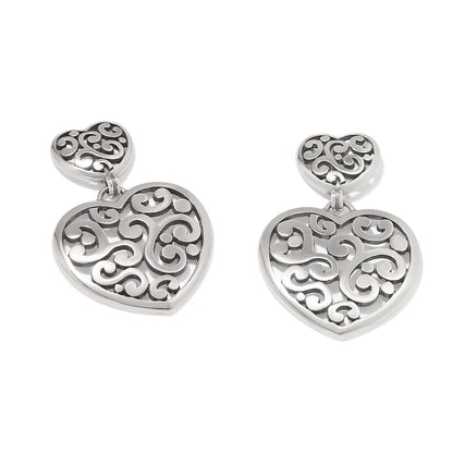 Brighton drop earrings with double heart design featuring silver-tone scrollwork filigree pattern on a white background