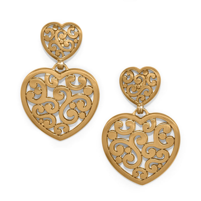Brighton drop earrings with gold-plated double heart design featuring intricate scroll filigree cutouts on a white background
