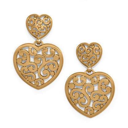 Brighton drop earrings with gold-plated double heart design featuring intricate scroll filigree cutouts on a white background