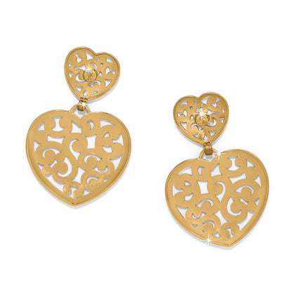 Brighton drop earrings with gold-plated double heart design featuring intricate filigree scrollwork cutouts on a white background
