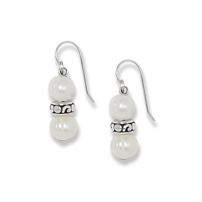 Brighton drop earrings with stacked potato pearls and silver-plated scrollwork bead accent on a white background