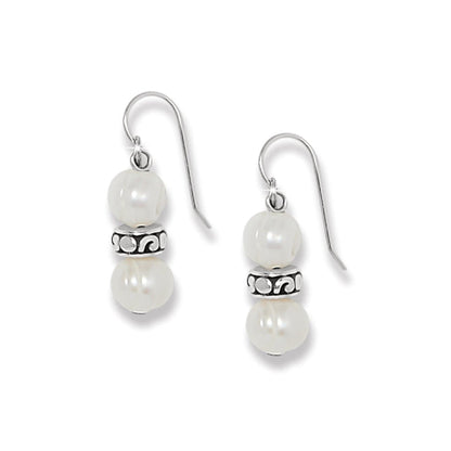 Brighton drop earrings with stacked potato pearls and silver-plated scrollwork bead accent on a white background