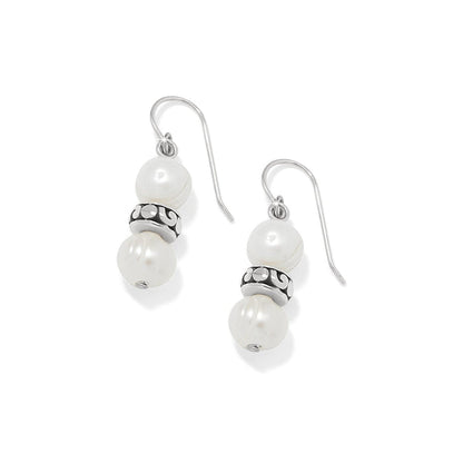 Brighton drop earrings with stacked freshwater potato pearls and silver-plated scroll bead accents on a white background