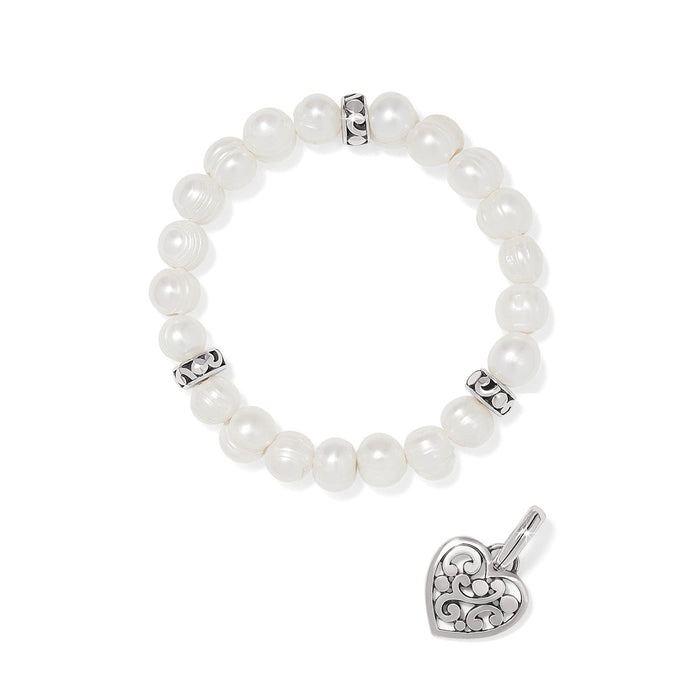 Brighton potato pearl beaded bracelet with silver-plated scroll accents and matching heart charm on a white background