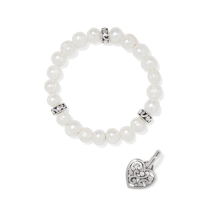 Brighton potato pearl beaded bracelet with silver-plated scroll accents and matching heart charm on a white background