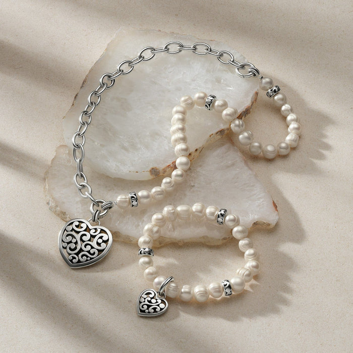 Brighton silver-plated heart charm bracelets with potato pearls and chain link styled with stone slabs