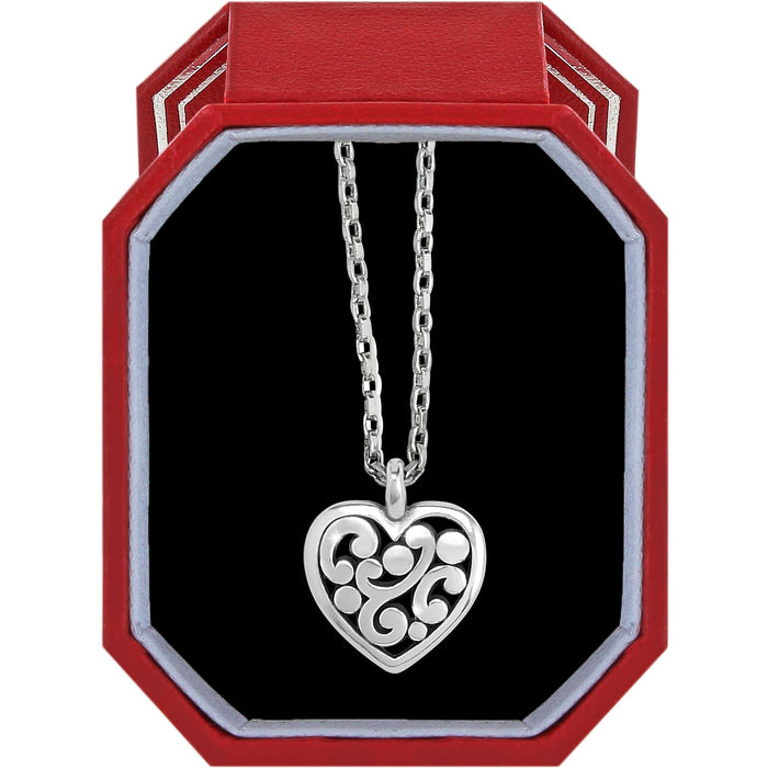 Brighton heart pendant necklace with silver-plated scroll design displayed in a red gift box on a white background