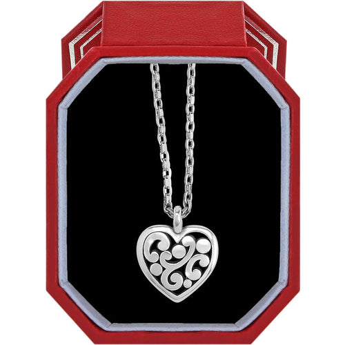 Brighton heart pendant necklace with silver-plated scroll design displayed in a red gift box on a white background