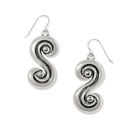 Brighton drop earrings with silver-plated double swirl scroll design and French wire hooks on a white background