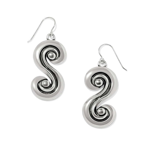 Brighton drop earrings with silver-plated double swirl scroll design and French wire hooks on a white background