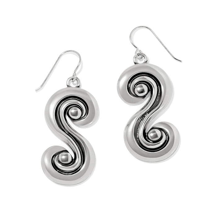 Brighton drop earrings with silver-plated swirled S-shaped design and polished bead centers on a white background