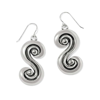 Brighton drop earrings with silver-plated swirled S-shaped design and polished bead centers on a white background