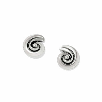 Brighton stud earrings with silver-plated swirl design and polished dome centers on a white background