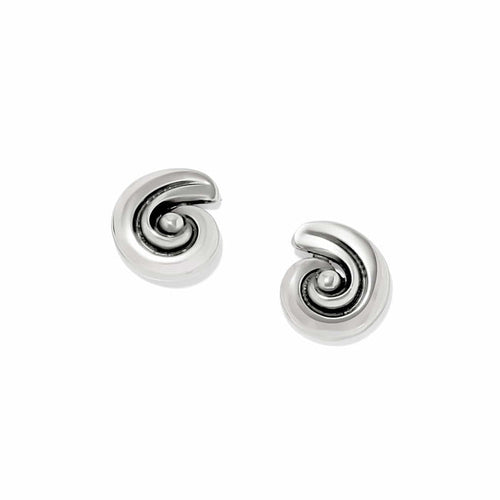 Brighton stud earrings with silver-plated swirl design and polished dome centers on a white background