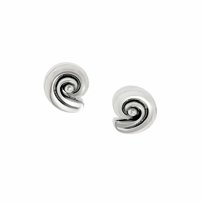 Brighton stud earrings with silver-plated swirl spiral design and polished finish on a white background