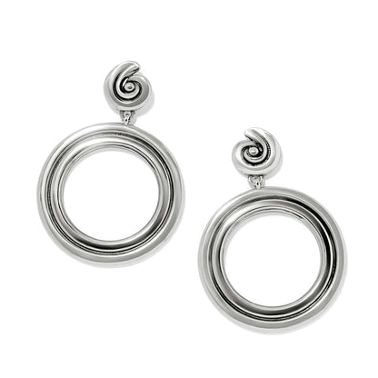 Brighton drop earrings with silver-plated spiral tops and open circle hoops on a white background