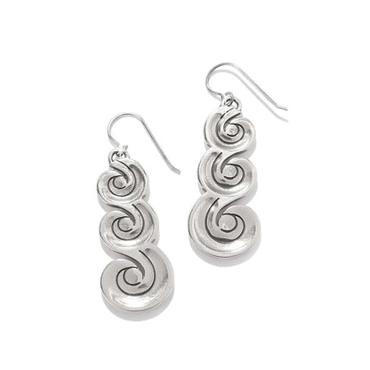 Brighton drop earrings with silver-plated stacked spiral swirl design and French hook wires on a white background