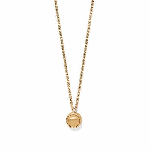 Brighton pendant necklace with gold-plated round disc charm on a delicate curb chain on a white background