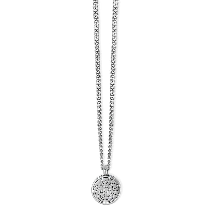 Brighton pendant necklace with silver-tone curb chain and round medallion featuring engraved swirl design on a white background