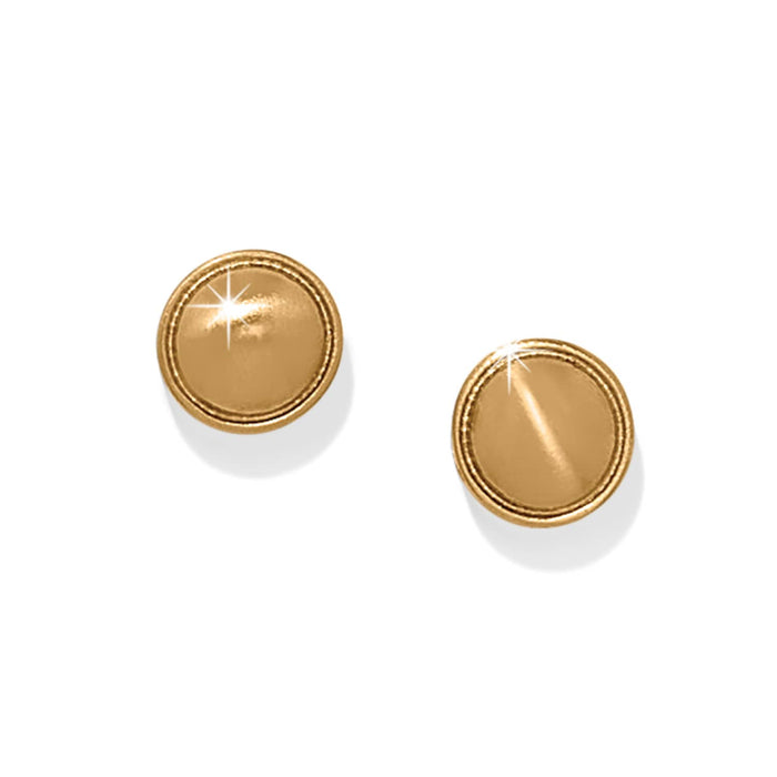 Brighton stud earrings with round gold-plated domed centers and ridged border edges on a white background