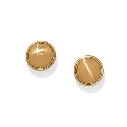Brighton stud earrings with round gold-plated domed centers and ridged border edges on a white background