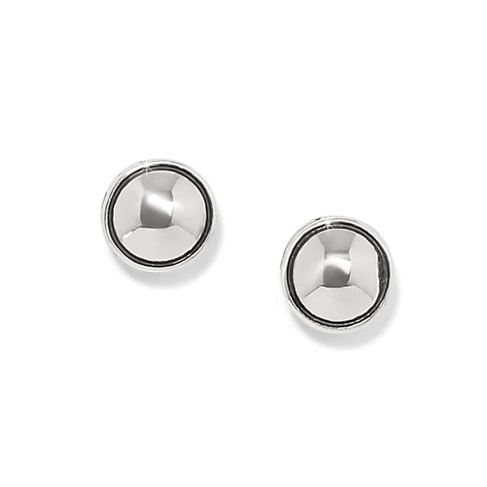 Brighton stud earrings with polished silver-plated dome centers and rounded bezel frames on a white background
